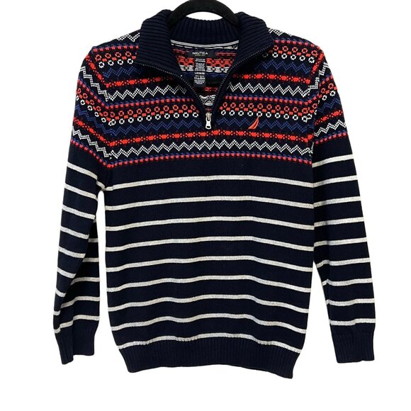 Nautica KIDS Fair Isle Quarter Zip Sweater Striped Knit Pullover Logo Classic - Picture 7 of 12